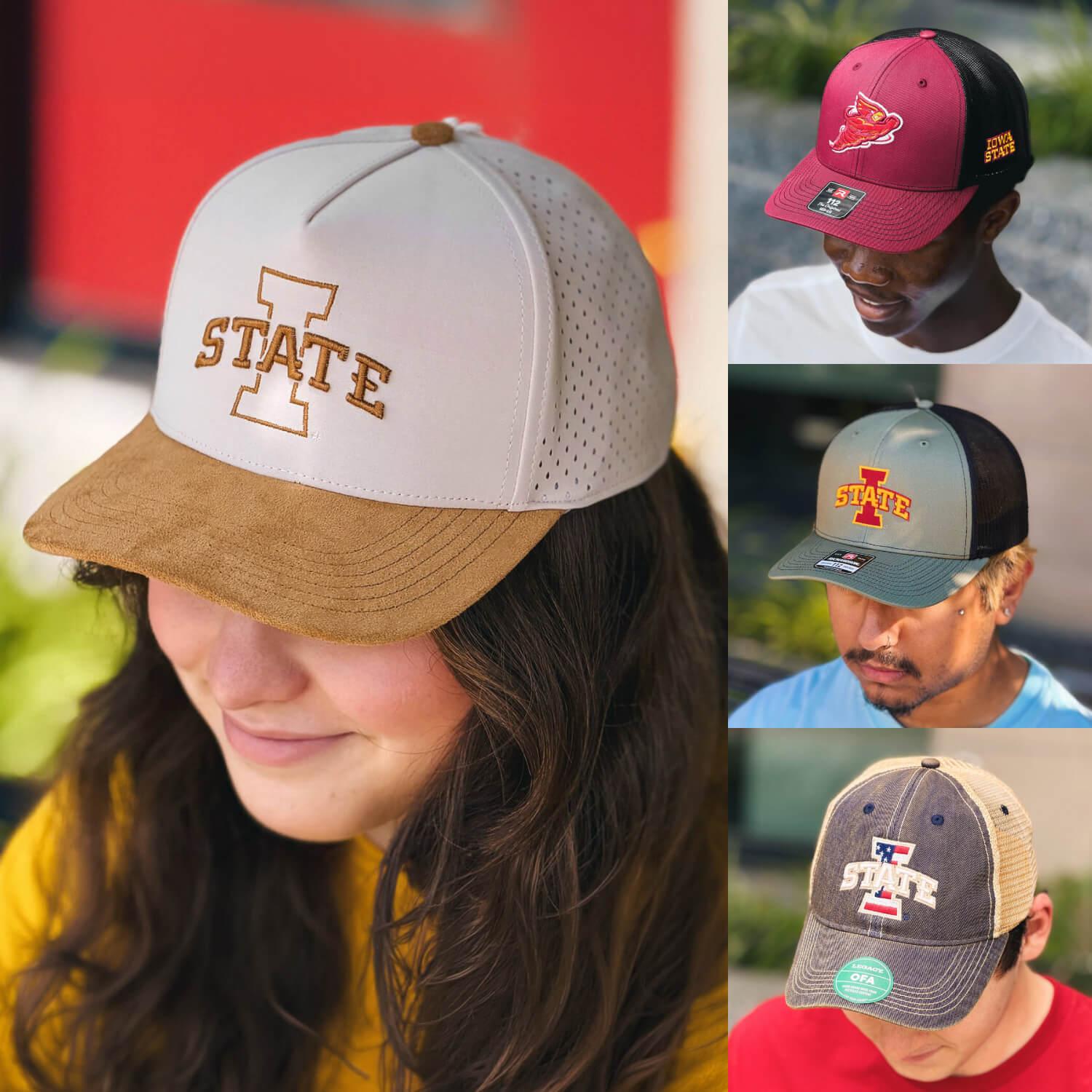 A collage showing a Iowa State Hat collection